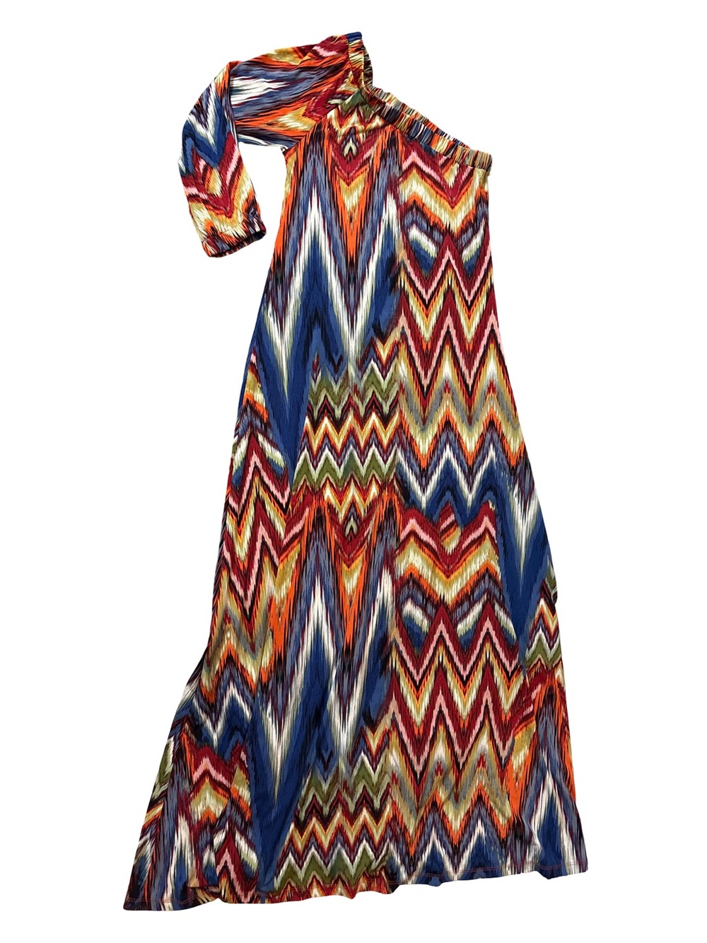 Allen B. By Allen Schwartz One-Shoulder Chevron Maxi Dress in Blue, Red, Orange